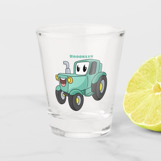 Cute happy green tractor cartoon shot glass (Front)