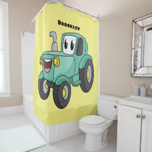 Cute happy green tractor cartoon shower curtain