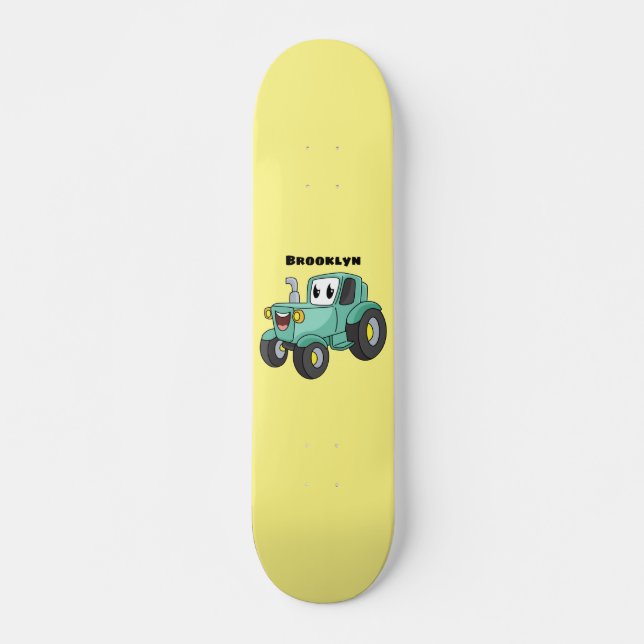 Cute happy green tractor cartoon  skateboard (Front)