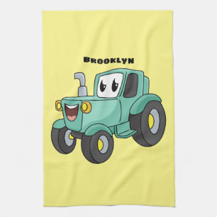 Cute happy green tractor cartoon tea towel