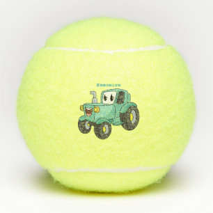 Cute happy green tractor cartoon tennis balls