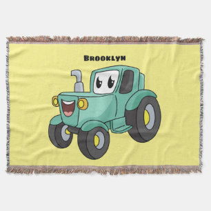 Cute happy green tractor cartoon throw blanket