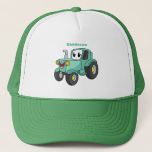 Cute happy green tractor cartoon trucker hat