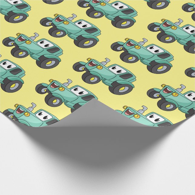 Cute happy green tractor cartoon wrapping paper (Corner)