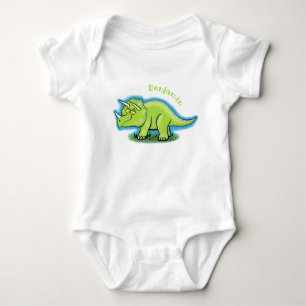 Cute happy green triceratops dinosaur cartoon baby bodysuit