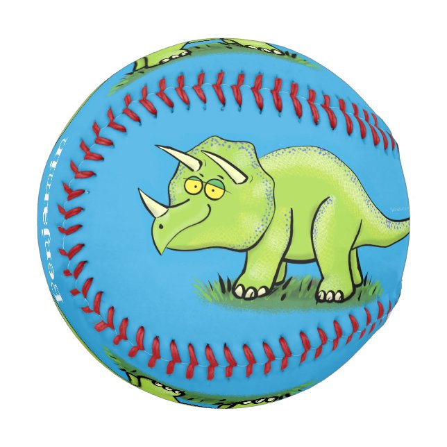 Cute happy green triceratops dinosaur cartoon baseball (Front Left)