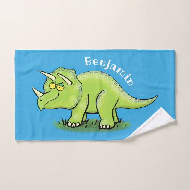 Cute happy green triceratops dinosaur cartoon bath towel set (Hand Towel)