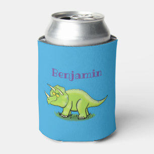 Cute happy green triceratops dinosaur cartoon can cooler