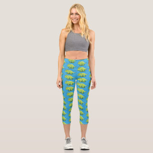 Cute happy green triceratops dinosaur cartoon capri leggings