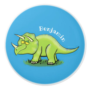 Cute happy green triceratops dinosaur cartoon ceramic knob