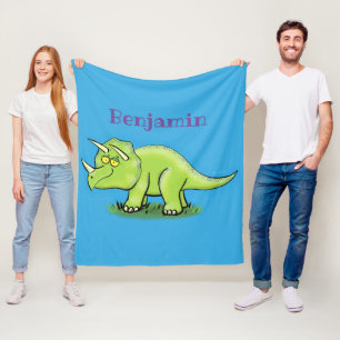 Cute happy green triceratops dinosaur cartoon fleece blanket