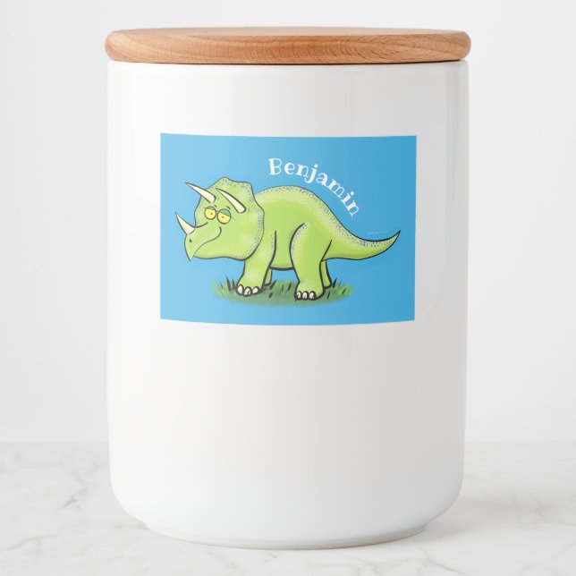 Cute happy green triceratops dinosaur cartoon food label (Front)