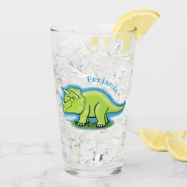Cute happy green triceratops dinosaur cartoon glass (Back Ice)