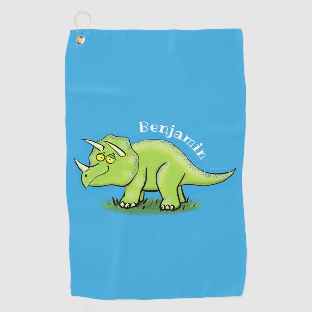 Cute happy green triceratops dinosaur cartoon  golf towel (Front)