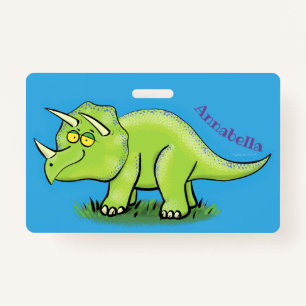 Cute happy green triceratops dinosaur cartoon ID badge