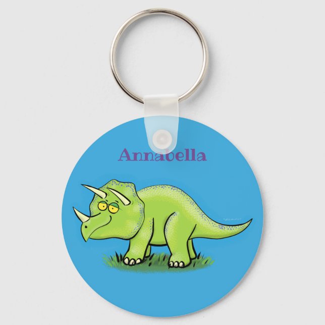 Cute happy green triceratops dinosaur cartoon key ring (Front)