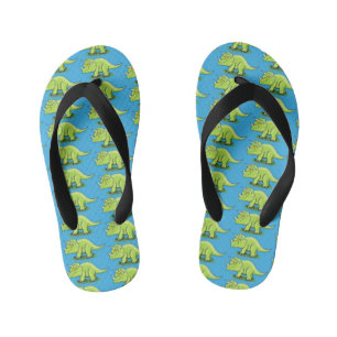 Cute happy green triceratops dinosaur cartoon kid's flip flops