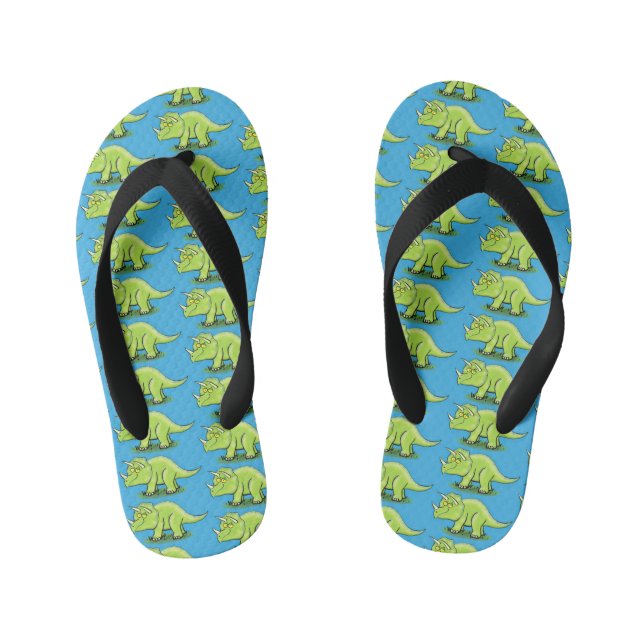 Cute happy green triceratops dinosaur cartoon kid's flip flops (Footbed)
