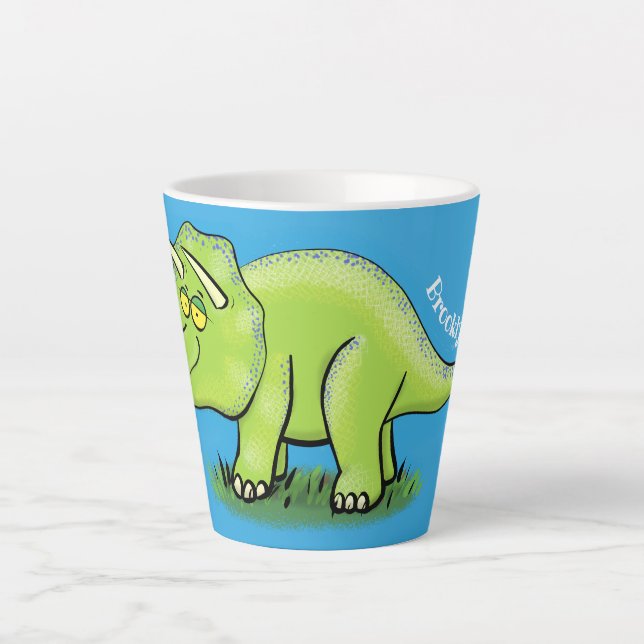 Cute happy green triceratops dinosaur cartoon latte mug (Front)