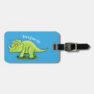 Cute happy green triceratops dinosaur cartoon luggage tag