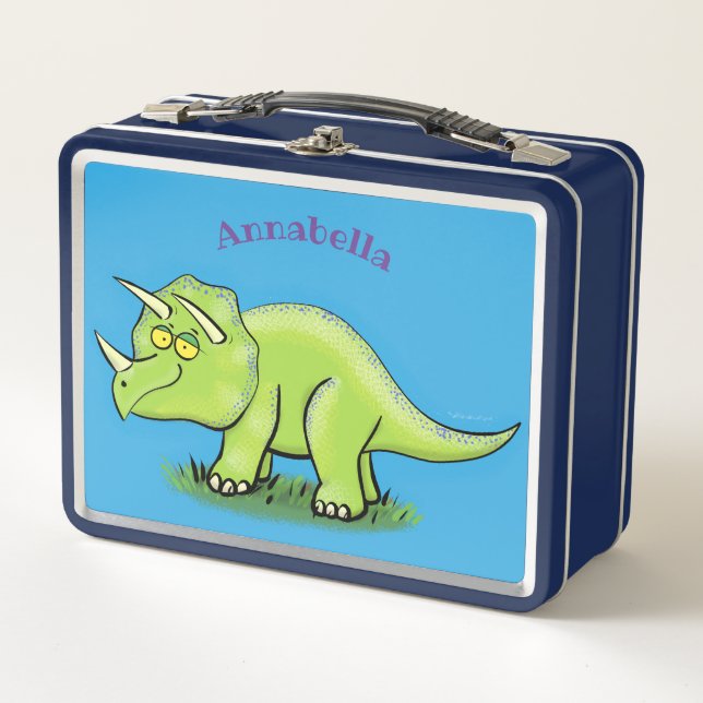 Cute happy green triceratops dinosaur cartoon metal lunch box (Front)