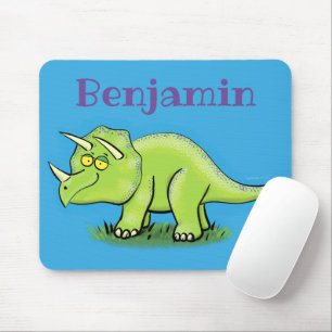 Cute happy green triceratops dinosaur cartoon mouse mat