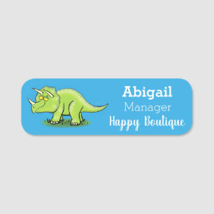 Cute happy green triceratops dinosaur cartoon name tag