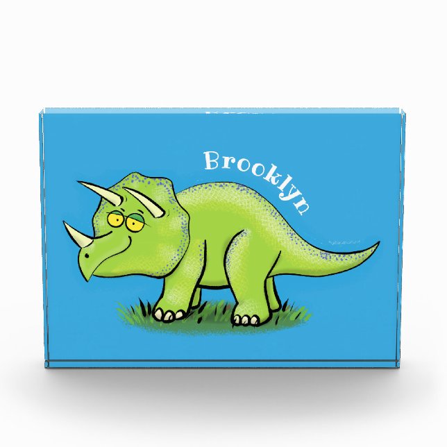 Cute happy green triceratops dinosaur cartoon photo block (Front)