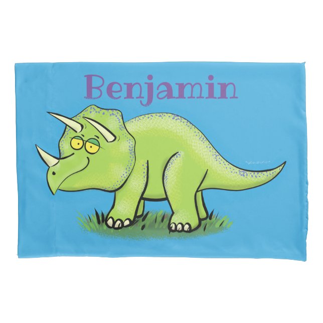 Cute happy green triceratops dinosaur cartoon pillowcase (Front)
