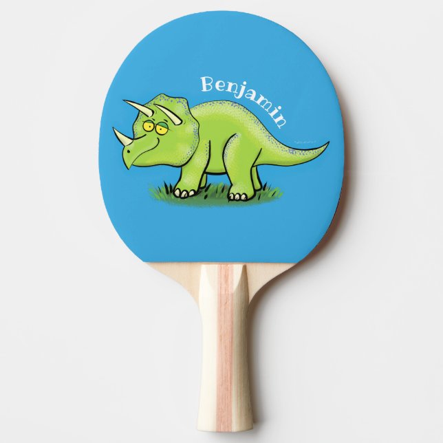 Cute happy green triceratops dinosaur cartoon ping pong paddle (Front)