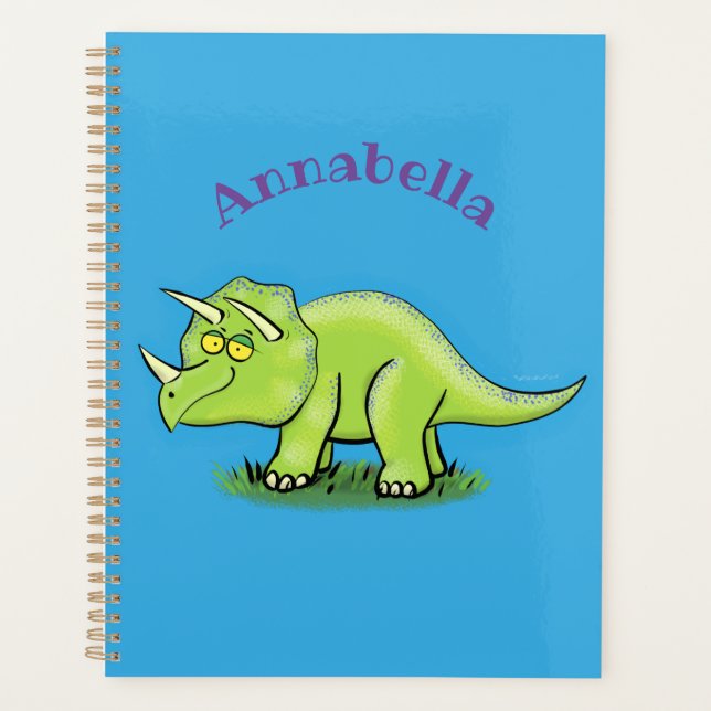 Cute happy green triceratops dinosaur cartoon planner (Front)