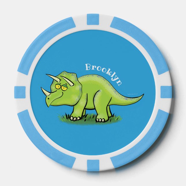 Cute happy green triceratops dinosaur cartoon poker chips (Front)