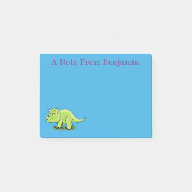 Cute happy green triceratops dinosaur cartoon post-it notes (Front)