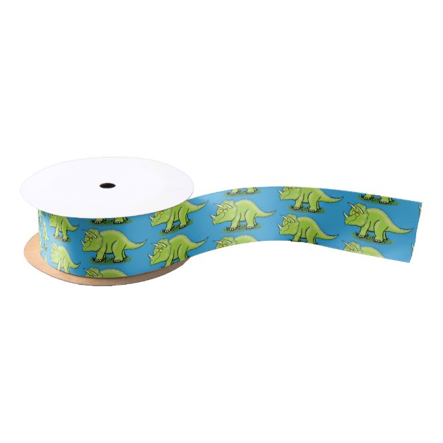 Cute happy green triceratops dinosaur cartoon satin ribbon (Spool)