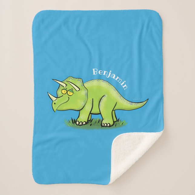 Cute happy green triceratops dinosaur cartoon sherpa blanket (Front)
