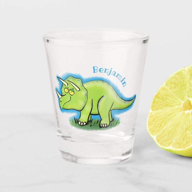 Cute happy green triceratops dinosaur cartoon  shot glass (Front)