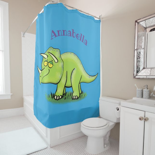 Cute happy green triceratops dinosaur cartoon shower curtain (In Situ)