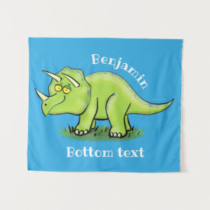 Cute happy green triceratops dinosaur cartoon tapestry