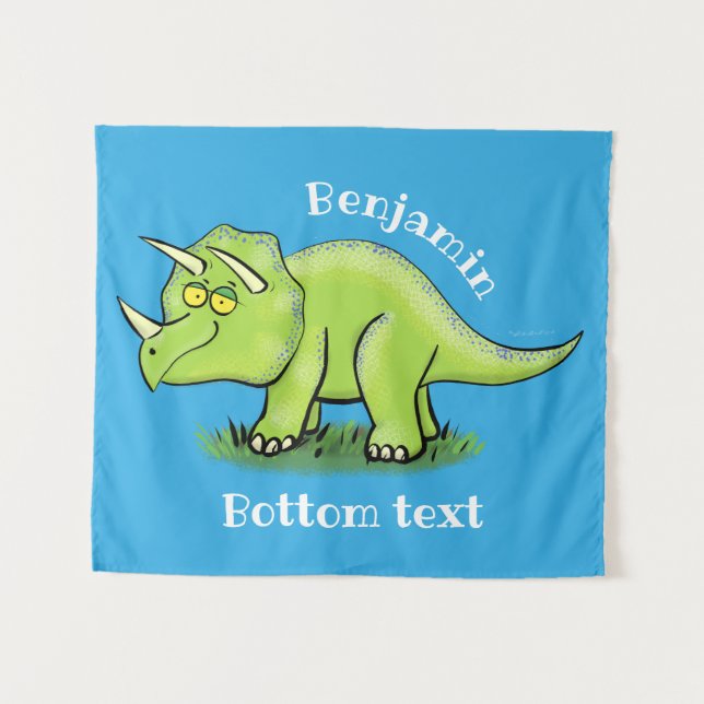 Cute happy green triceratops dinosaur cartoon tapestry (Front (Horizontal))