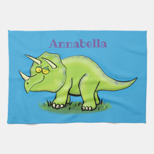 Cute happy green triceratops dinosaur cartoon tea towel