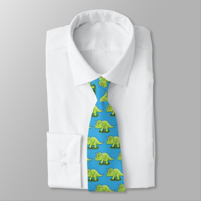 Cute happy green triceratops dinosaur cartoon tie (Tied)
