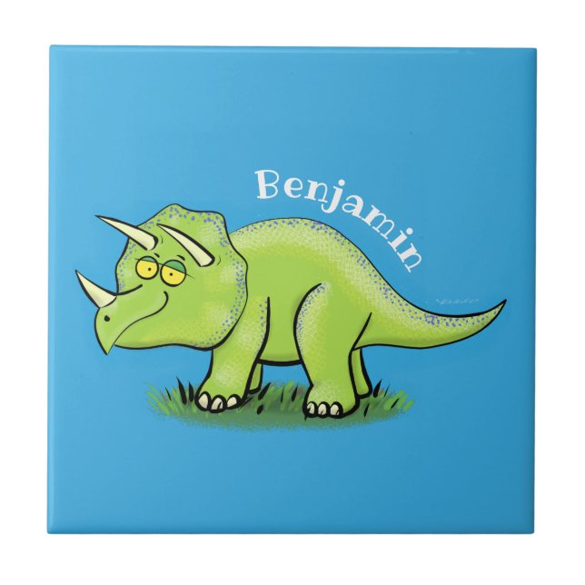 Cute happy green triceratops dinosaur cartoon tile (Front)