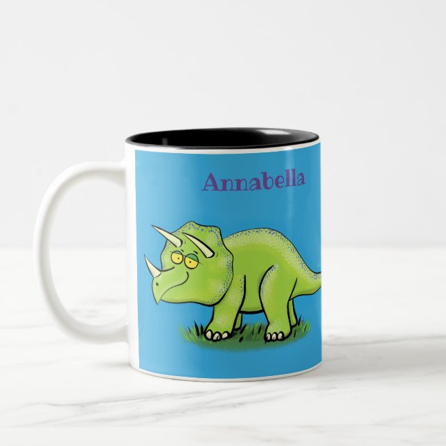 Cute happy green triceratops dinosaur cartoon Two-Tone coffee mug (Left)