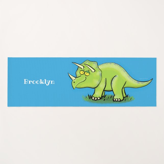 Cute happy green triceratops dinosaur cartoon yoga mat (Front (Horizontal))