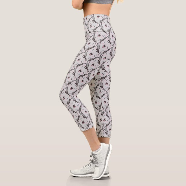 Cute Happy Grey Tabby Cat Face Cartoon Pattern Capri Leggings (Left)