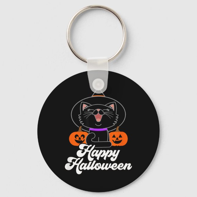 Cute Happy Halloween Black Cat Key Ring (Front)