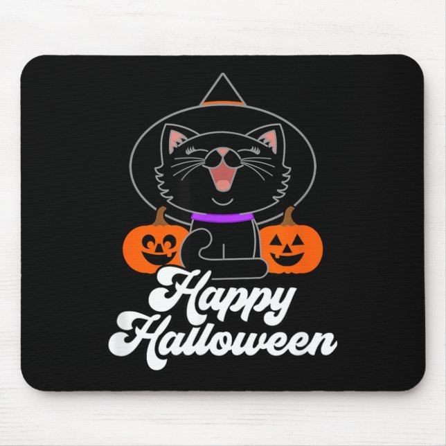 Cute Happy Halloween Black Cat Mouse Mat (Front)