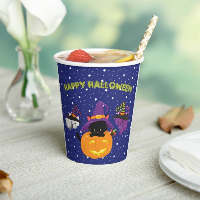 Cute Happy Halloween Black Cat Pumpkin Paper Cups (Insitu)