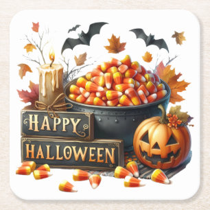 Cute Happy Halloween Candy Corn Paper Coaster