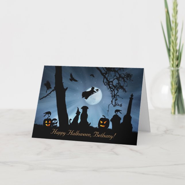 Cute Happy Halloween Custom Name Dog and Cat Card (Front)